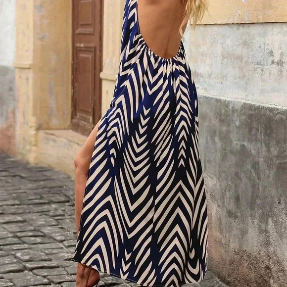 Multicolor Sexy Women's Halter Fringe Tie Backless High Split Print Dress - Picture 4 of 6